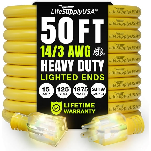 50ft Outdoor/Indoor Extension Cord 14/3 Gauge Heavy Duty 3 Prong SJTW, Waterproof, ETL Listed, Flexible Cold-Resistant Long Power Cord,15A 125V 1875W, Yellow by LifeSupplyUSA