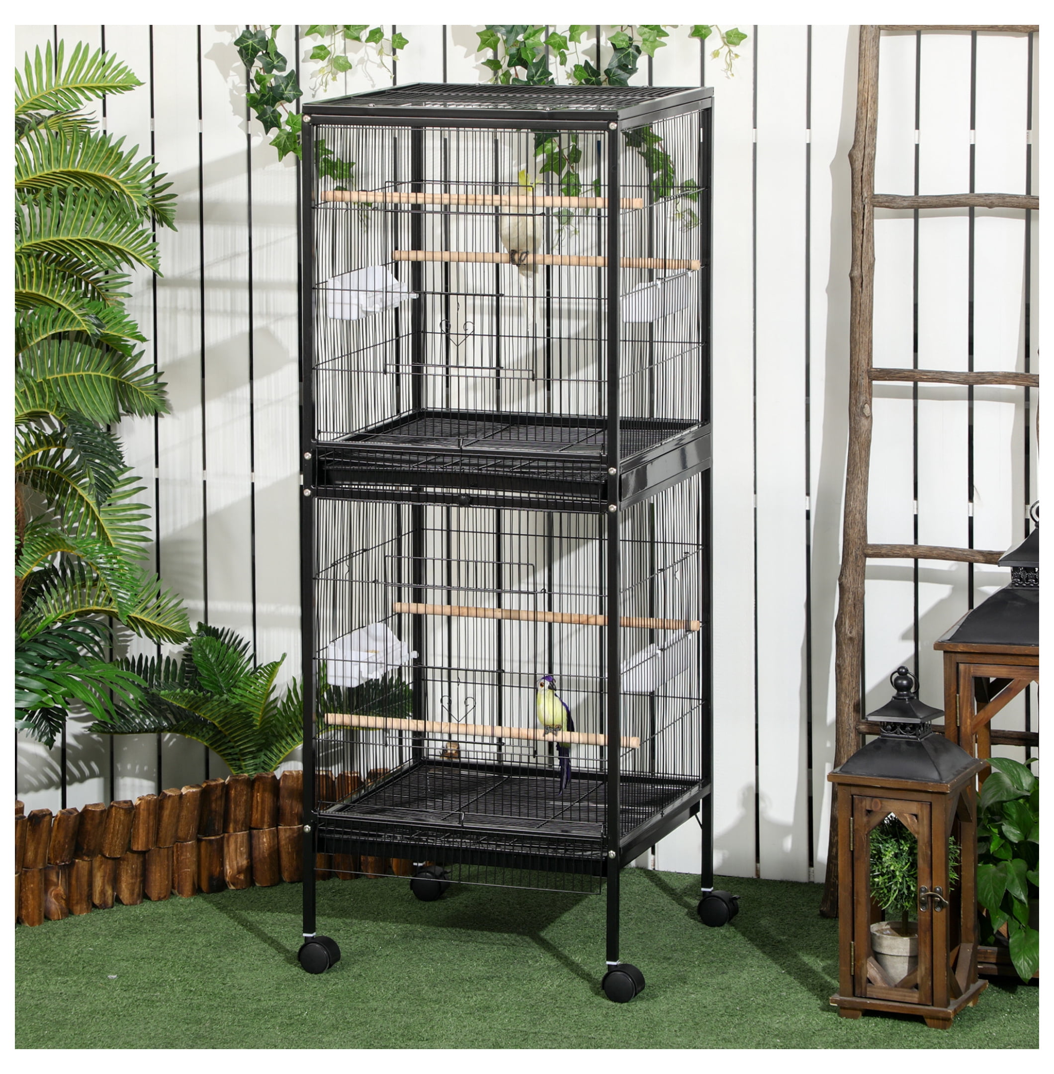 Large Bird Cage 55" with Wide 1.7ft Wingspan, Multi-Door Aviary for Canary, Finch, Conure - Black