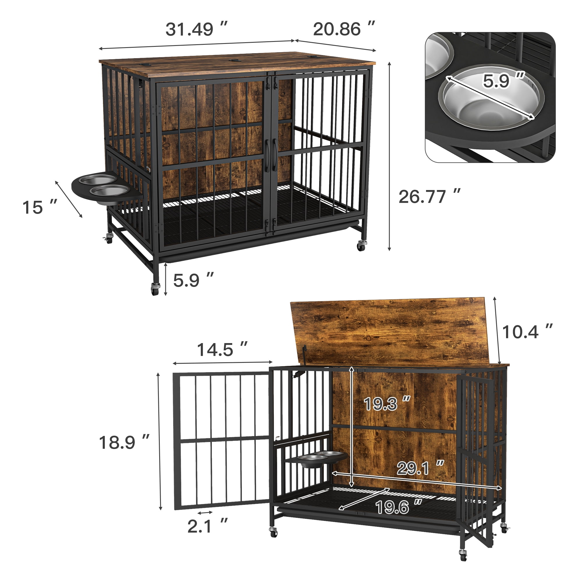Hommoo Modern Kennel Dogs Room, Double-Door Dog House with Removable Tray, Lift Top, Adjustable Feeding Bowls, Dog Crate Cage for up to 60 lb, Brown