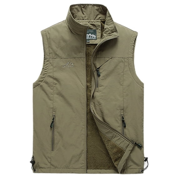 Cindysus Men Zip Up Lightweight Jackets Fleece Sherpa Lined Winter Jacket For Mens Warm Outdoor Outerwear Khaki 2XL