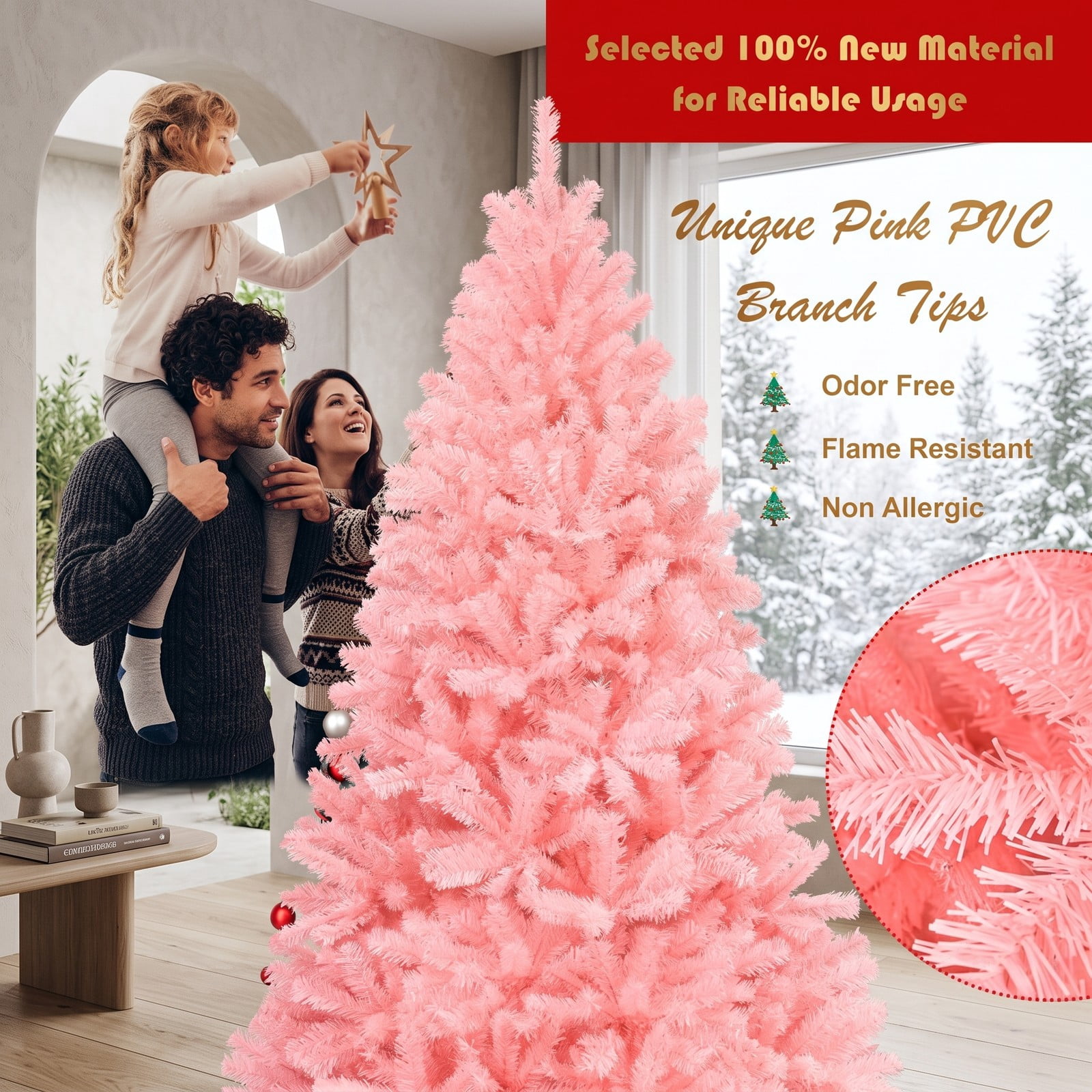 RUIE 6 FT Pink Artificial Christmas Tree, Hinged Full Spruce Xmas Tree with 1036 Tips and Foldable Metal Stand for Holiday Home Party Decoration, Cherry Blossom Pink