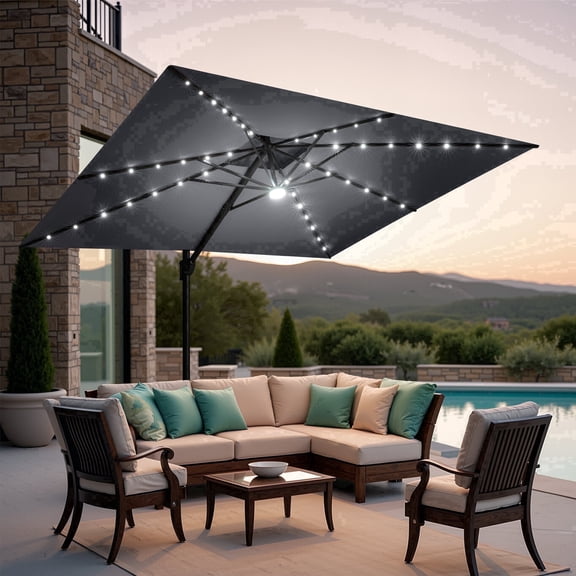 Crestlive Products 9x11ft Rectangular Patio Cantilever Umbrella with Solar Lights, Windproof Double Top, 360-degree Rotating, Gray