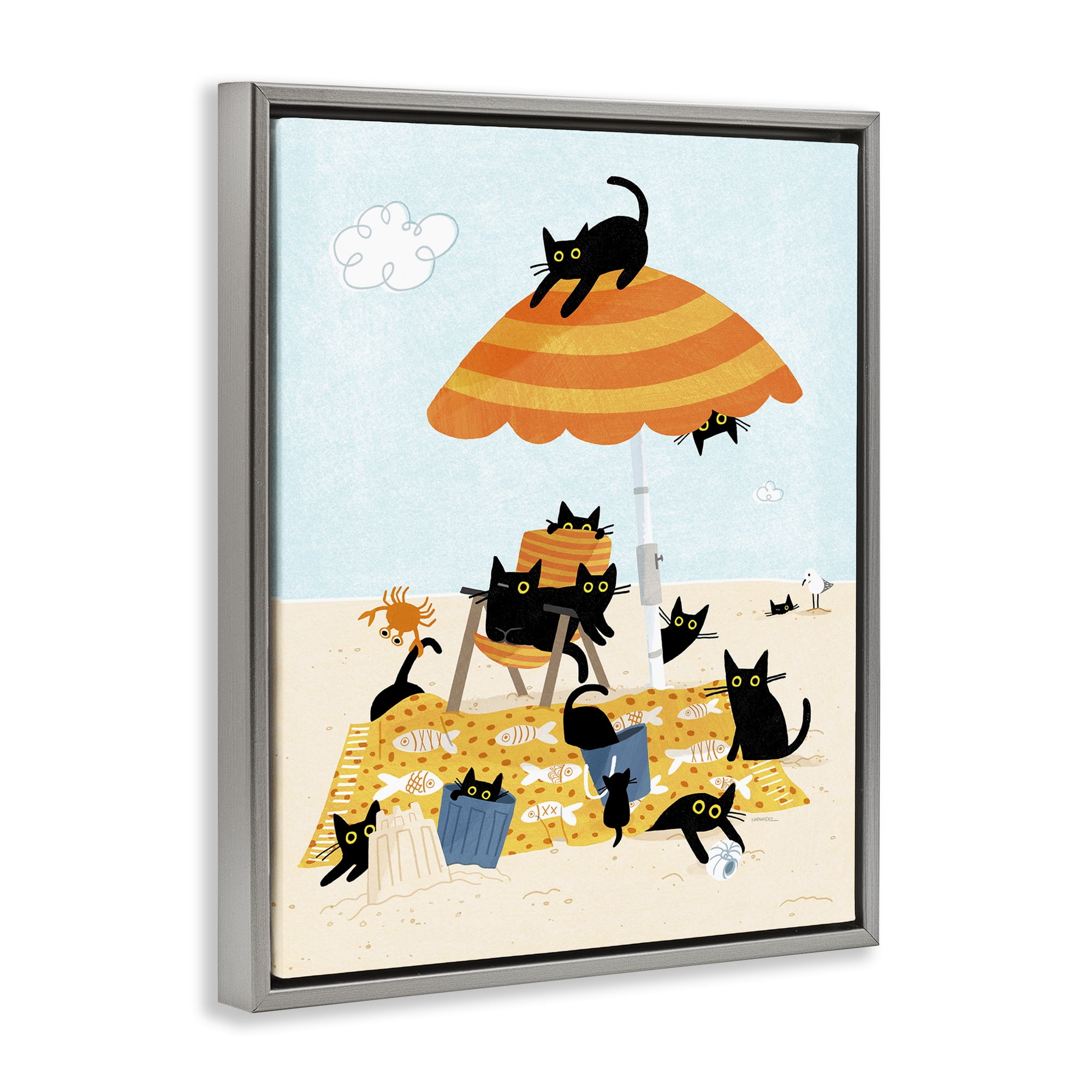 Stupell Industries Black Cat Beach Day Animals Painting Gray Floater Framed Canvas Art Print Wall Art, 17 x 21