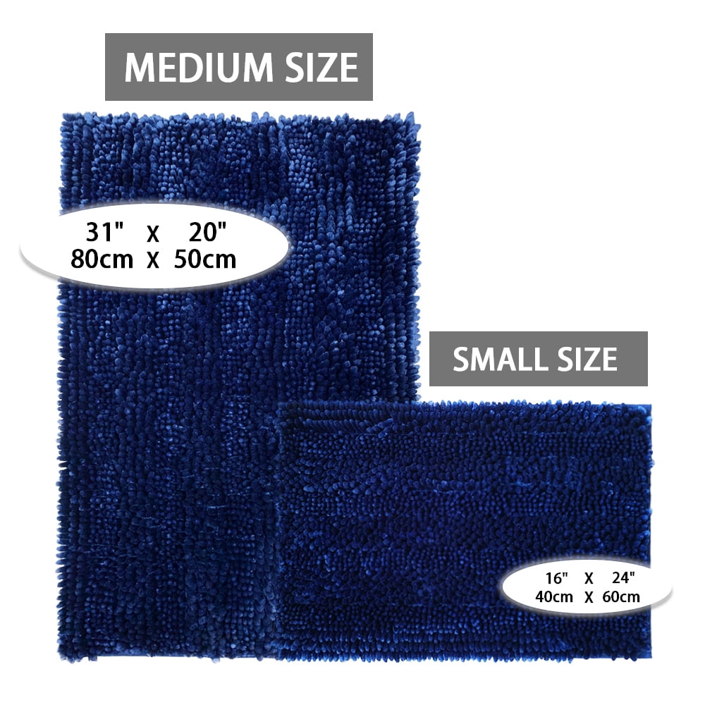 Civkor Bathroom Rugs, Bath Mats Set 2 Pieces Non Slip, 31x20 Plus 24x16Inch, Machine Washable, Soft Shiny Chenille and Quick Qry, Navy Blue