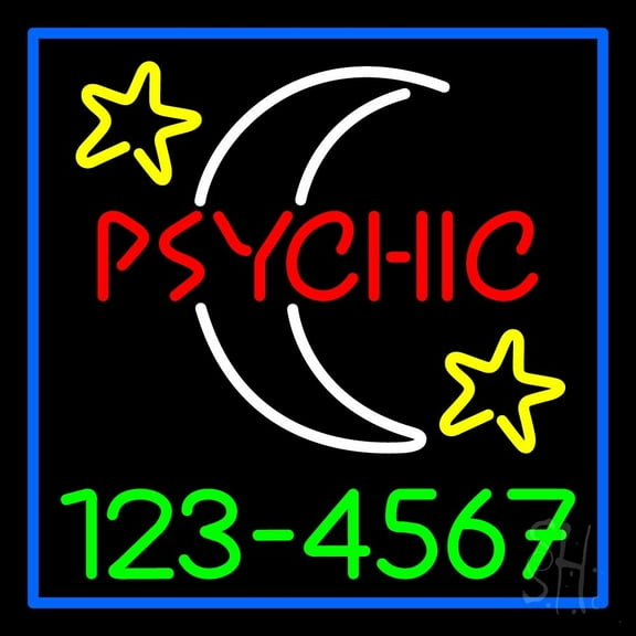 Red Psychic White Logo Green Phone Number LED Neon Sign 24" Tall x 24" Wide - inches Black Square Cut Acrylic Backing, with Dimmer - Bright and Premium built indoor LED Neon Sign for Storefront.