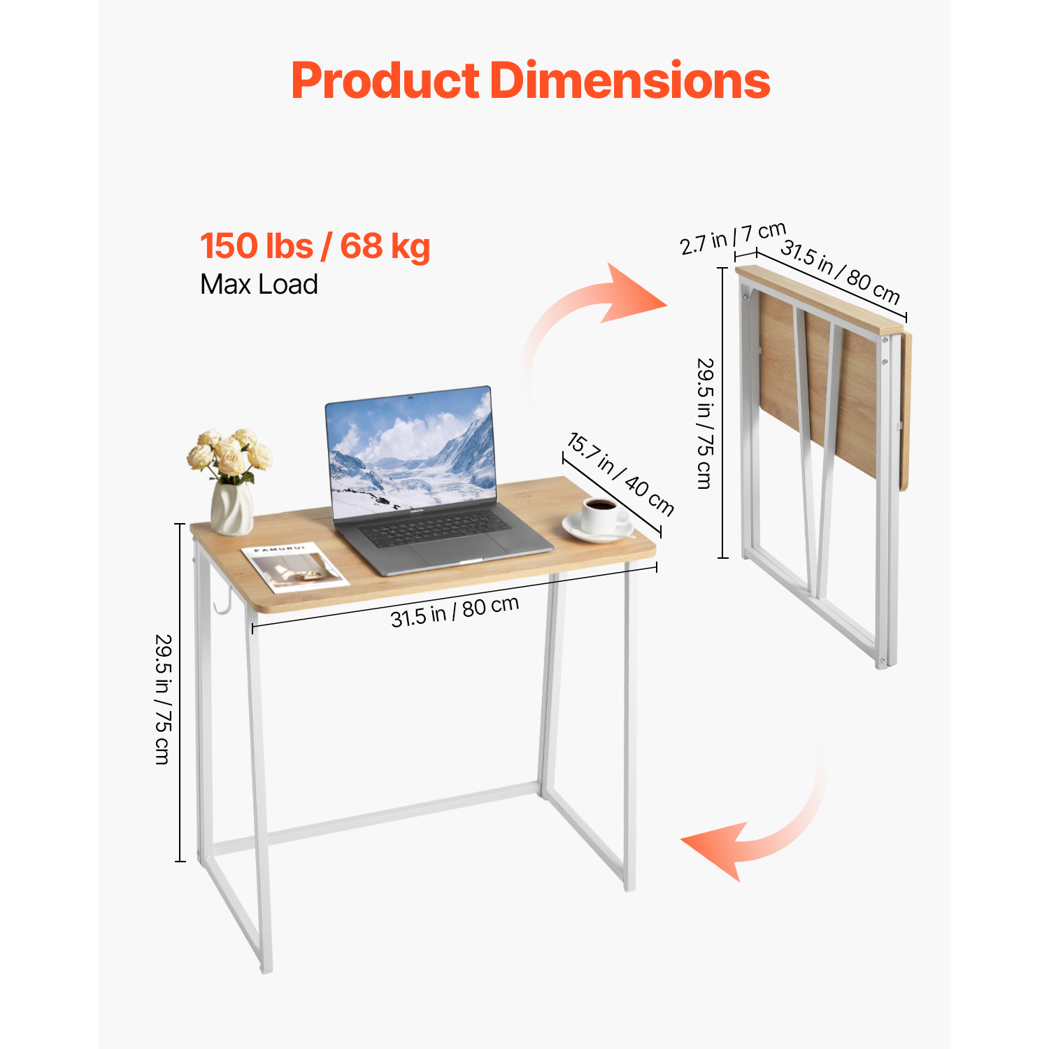 KFFKFF Foldalbe Desk, 31.5" Small Desk with Storage Hooks, Space-Saving Computer Desk for Home Office, Simple Assembly, Oak Finish