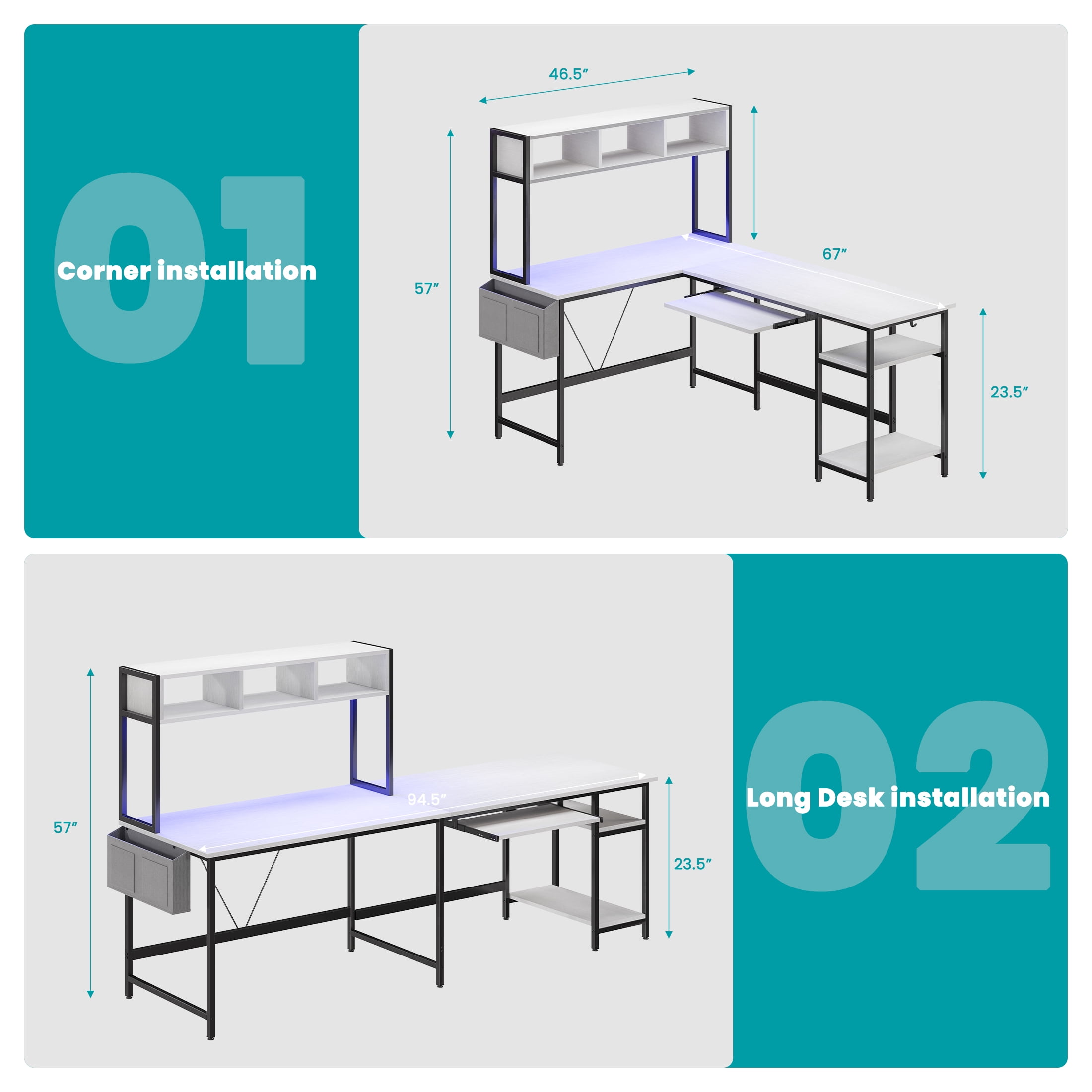 EDX 67'' L Shaped Computer Desk with LED Light, Shelf & Storage Bag & Keyboard Tray Corner Desk, White