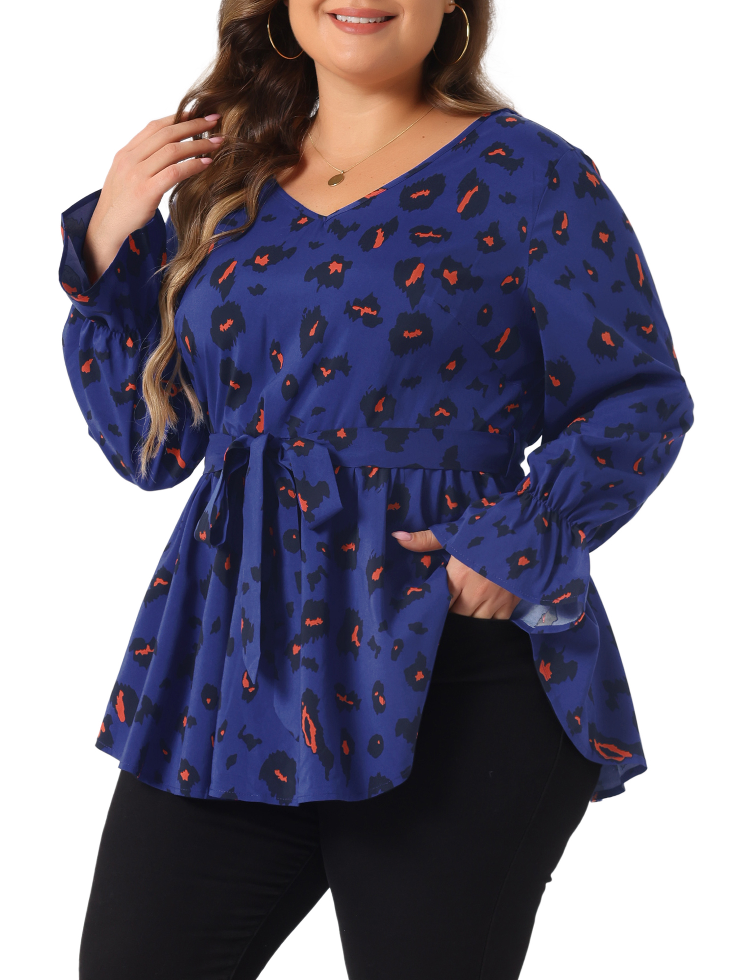 DARING DIVA Women's Plus Graphic Print Belted Long Sleeve V Neck Top 2X Royal Blue
