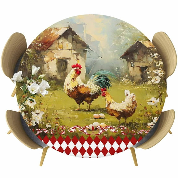 Farmhouse Rooster Fitted Tablecloth with Elastic Edged, Round Table Cloth for Dining Table, Vintage Rustic Plants Oil Painting Waterproof Oil Proof Table Cover for Indoor Outdoor 36"-44"