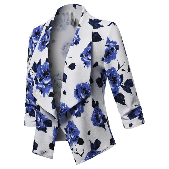 FashionOutfit Women's Stretch 3/4 Gathered Sleeve Open Blazer Jacket