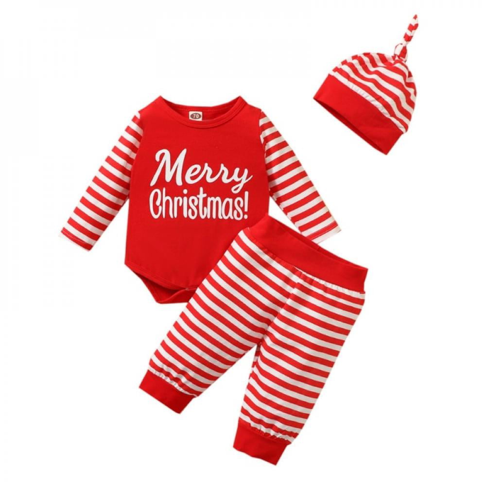 3PCS Infant Baby Boy Girl Xmas Stripe Long Sleeve Romper Tops Pants Hat Kids Set