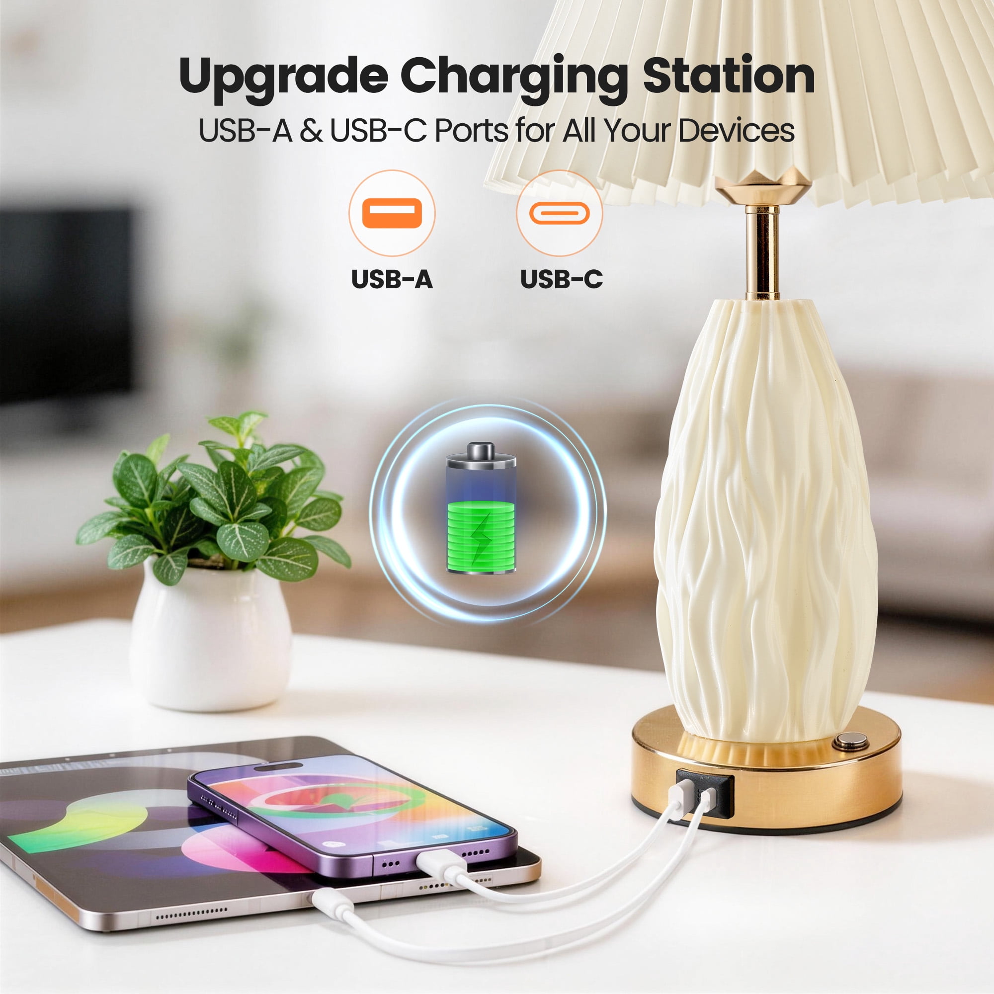 HadinEEon 17.5" Table Lamp with USB A&C Ports and Night Light, Touch Control 3 Way Dimmable Beside Lamp, for Bedroom Living Room Office, Beige