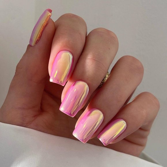 Kit de uñas postizas Press On Qsnidy cuadradas rosa cromado, 24 piezas