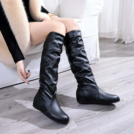 

Ecqkame Women s Long Boots Clearance Women s Winter Solid Color Long Boots Flat Heels Round-Toe Knee High Boot Black 40