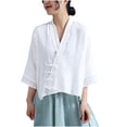 thumbnail image 2 of Jsaierl Womens 3/4 Length Sleeve Cotton Linen Tops Plus Size V Neck Shirts Retro Solid Petite Blouses Classic Elegant Tunic Top M-3XL, 2 of 4