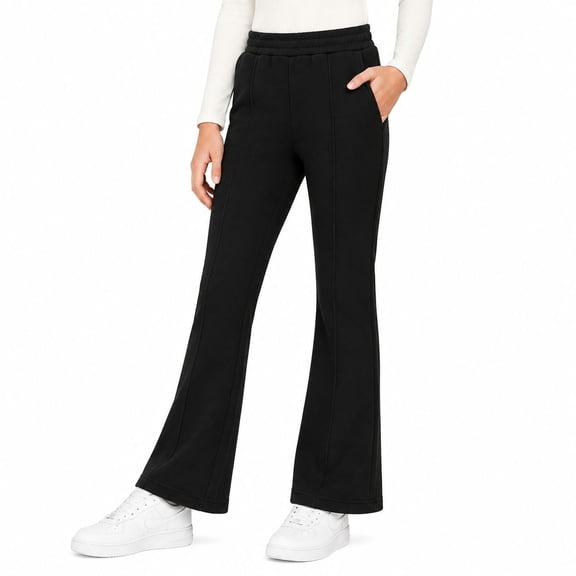 HILEELANG Girls Flare Pants with Pockets, Stretch Pull-On School Pants, Black