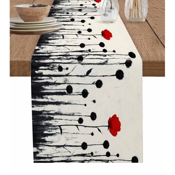 Red Black Flowers Table Runner 72 Inches, Retro Country Botanical Floral Herbs Bed Runner Dresser Scarves Tabletop for Indoor Outdoor Parties/Ceremony/Banquet, 16" x 72"