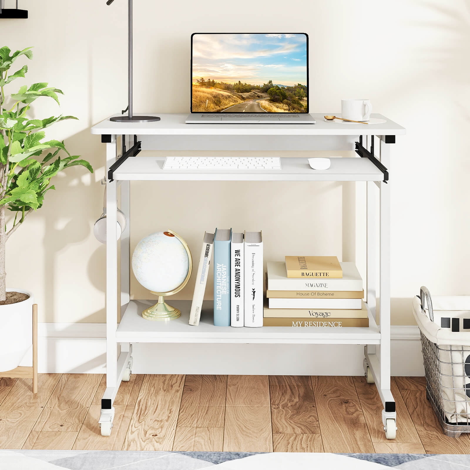 Costway Mobile Laptop Desk with Keyboard Tray, Lower Shelf, 3 Hooks, 4 Universal Wheels White