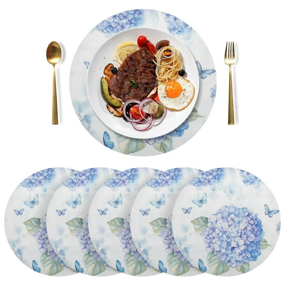 Round Placemats Plate Mats 15 Inch Non-Slip Heat Resistant Washable PVC Set Table Decoration for Kitchen Dining Blue Hydrangea Pattern