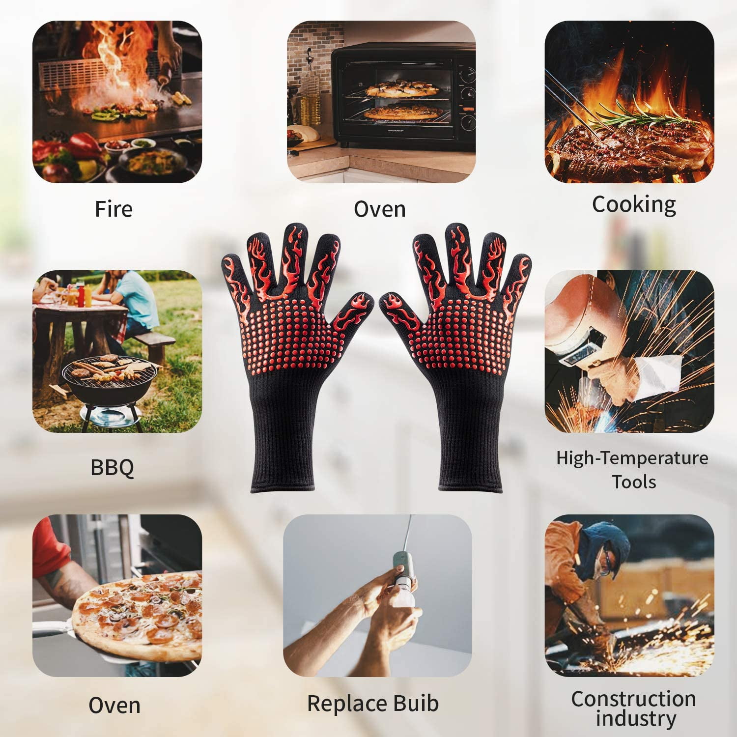 1472℉ Extreme Griller Heat Resistant Oven Mitts Glove Silicone Non-Slip for Barbecue Kitchen Pot Holder One PC Tuansheng BBQ Glove Baking Grilling Cooking 