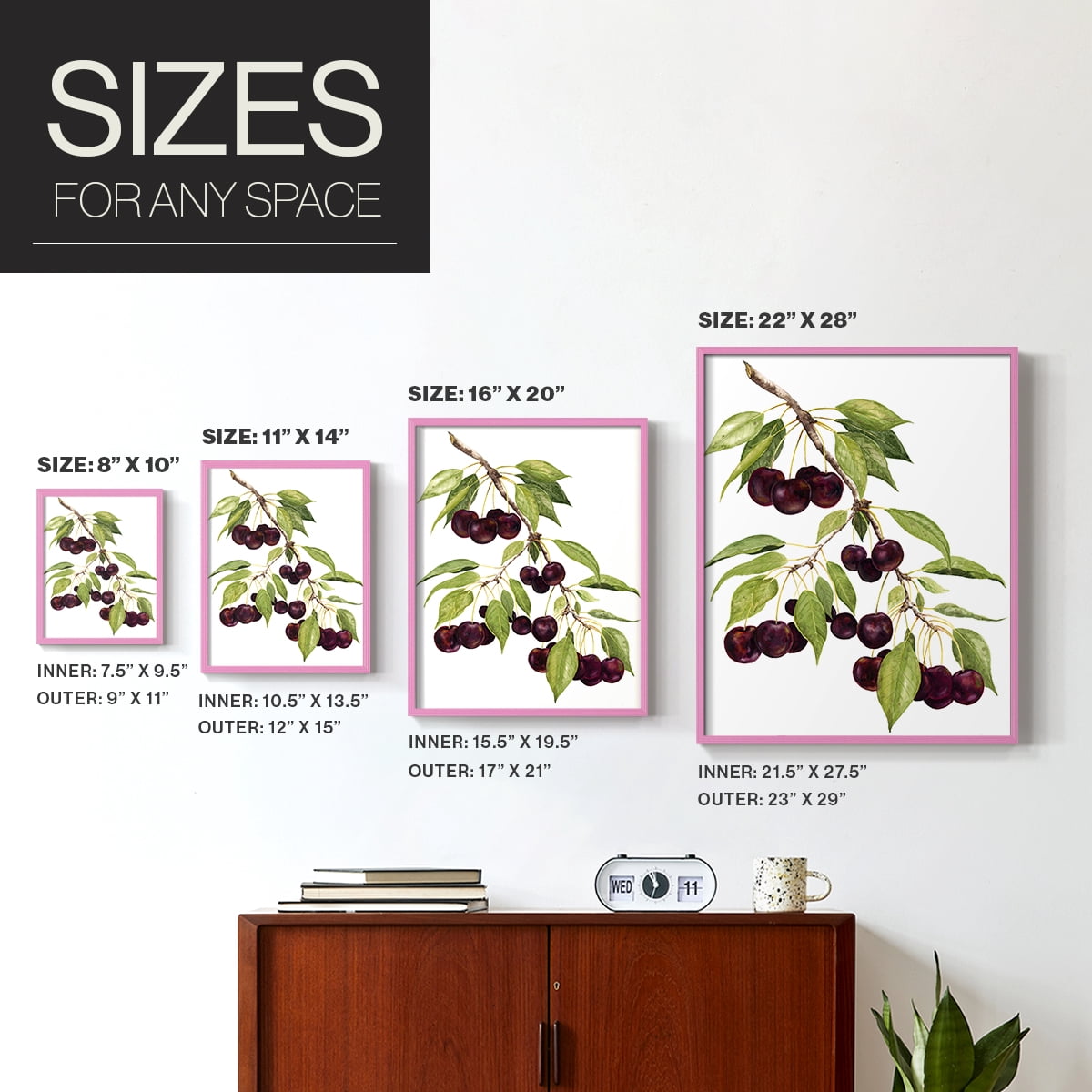 Watercolor Cherries Framed Print in Pink Solid Wood 11 x 14 Framed Print