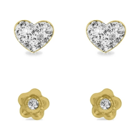 Brilliance Fine Jewelry 10K Gold Filled Crystal Flower and Heart Studs Children Female Earrings Set