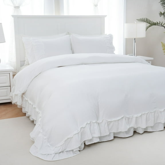 Move Over White Ruffle Duvet Cover Set Twin Size 2 Layer Ruffled Pattern Soft Microfiber White Ruffle Bedding Set