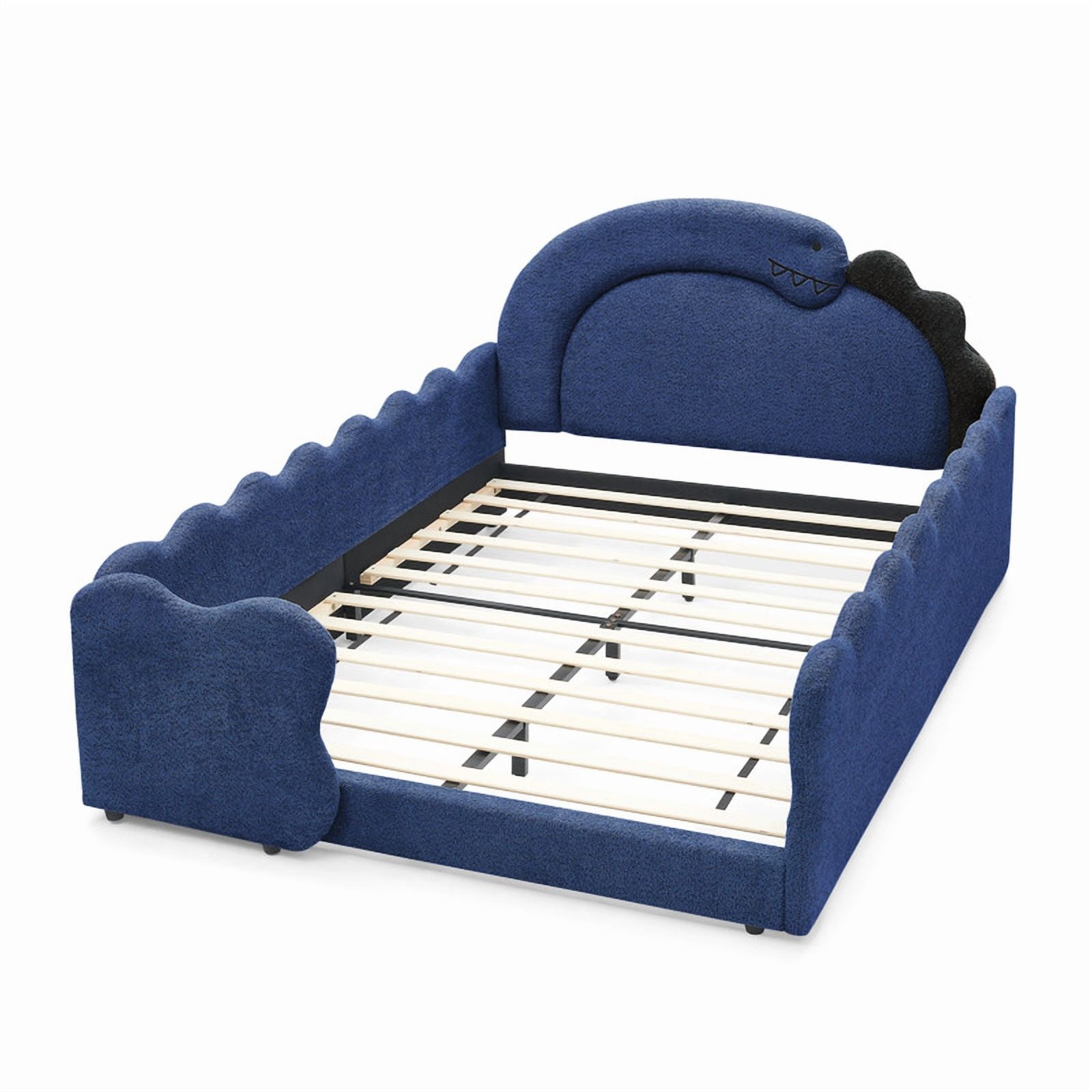 Full Size Kids Dinosaur-Shaped Platform Bed with Guardrails, Low-Profile Upholstered Boucle Fabric Playful Child Daybed Frame