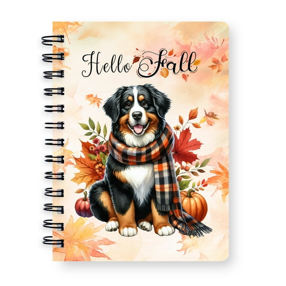 Hello Fall Bernese Mountain Dog Scarf Welcome Autumn with Leaves Pumpkins Spiral Bound Journal Berner Lover Gifts 5x7in Spiral Notebook - 00011