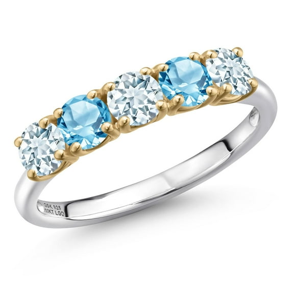 Gem Stone King 925 Silver and 10K Yellow Gold Sky Blue Aquamarine and Swiss Blue Topaz Wedding-Bands Ring for Women | 1.46 Cttw | Round 4MM | Gemstone March Birthstone | Size 7