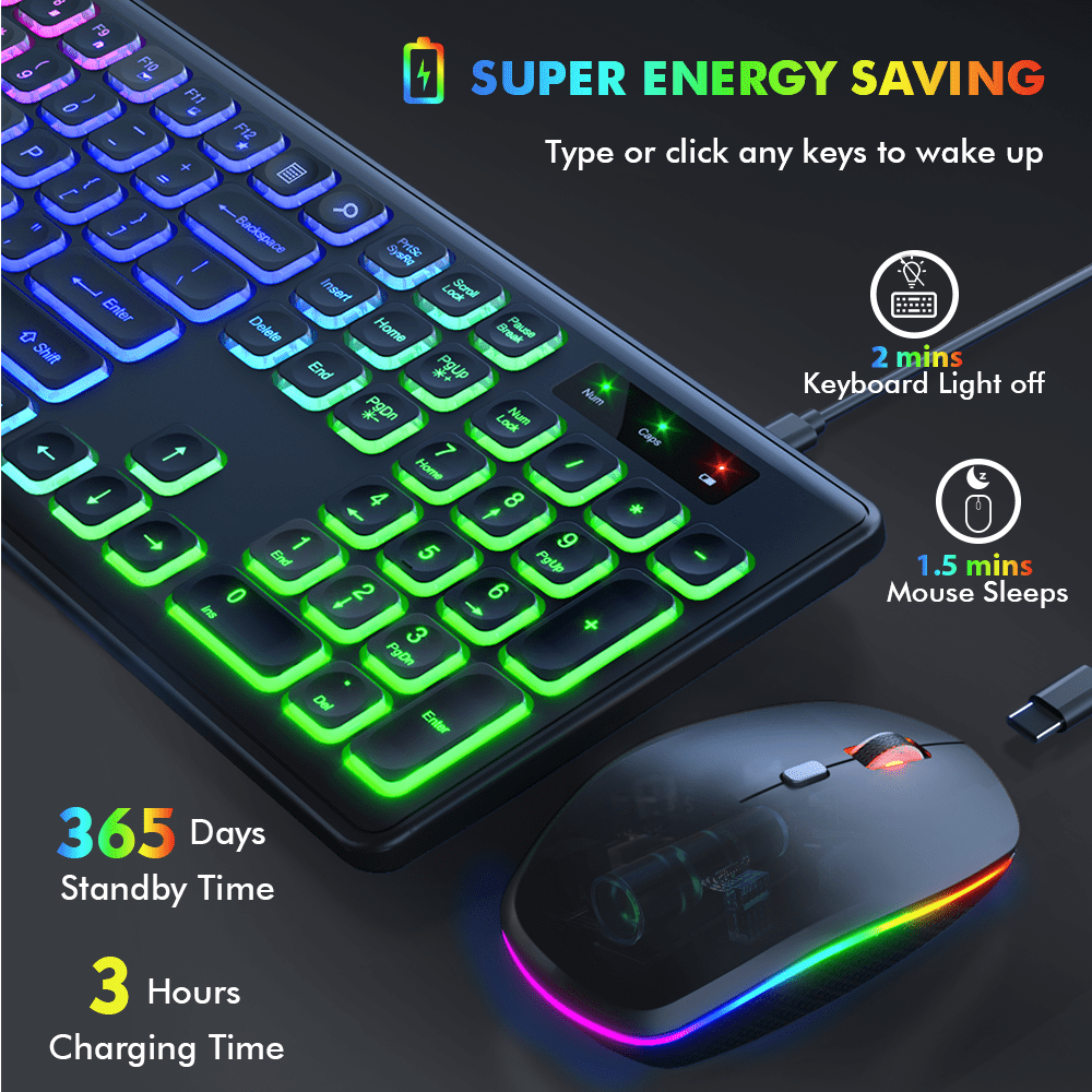 Wagpak Wireless Keyboard and Mouse Combo RGB Backlit Rechargeable 2.4GHz Quiet 108 Keys Keyboard-Black
