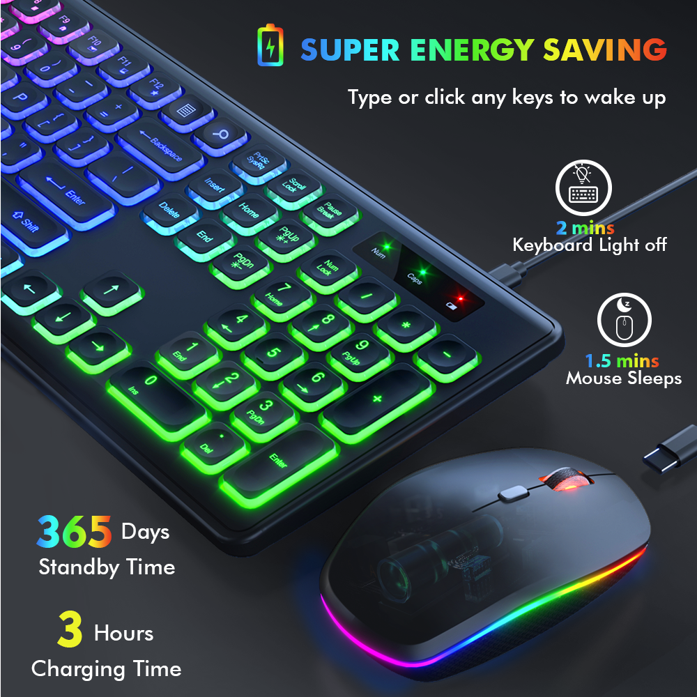 Wagpak Wireless Keyboard and Mouse Combo, RGB Backlit, Rechargeable photo 3