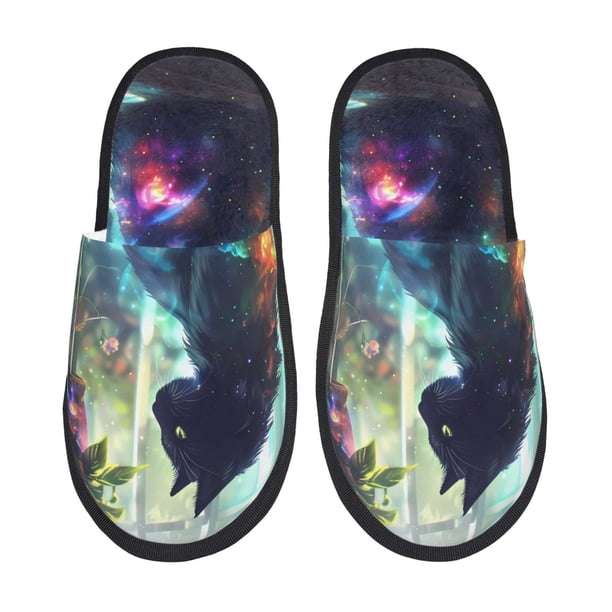 Balery Cosmic Cat In Window Pantuflas de Casa de Felpa Silenciosas con Diseño Estampado, Zapatillas Cómodas Antideslizantes de Algodón para Interior-Large