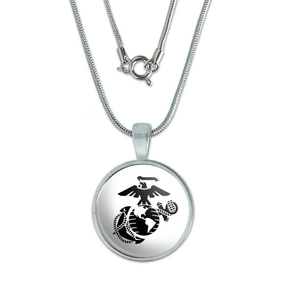 Marine Corps USMC Black on White Eagle Globe Anchor Officially Licensed 0.75" Pendant with Sterling Silver Plated Chain