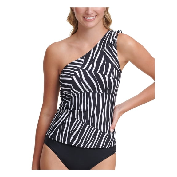 DKNY Women's Black Zebra Print Removable Cups Lined Tie Classic One Shoulder Tankini Swimsuit Top XS
