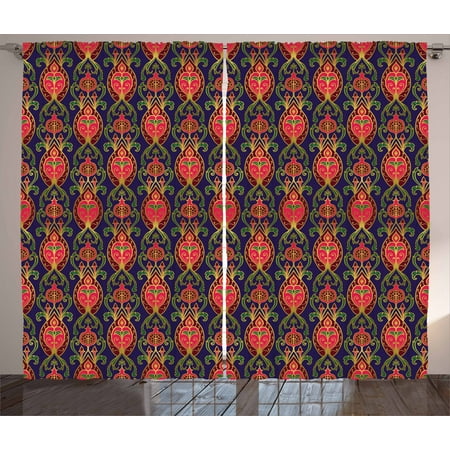 - Turkish Pattern Curtains 2 Panels Set, Oriental Botanical Pattern with Pomegranates and Leaves on Indigo Backdrop, Window Drapes for Living Room Bedroom, 108W X 63L Inches, Multicolor, by Ambesonne