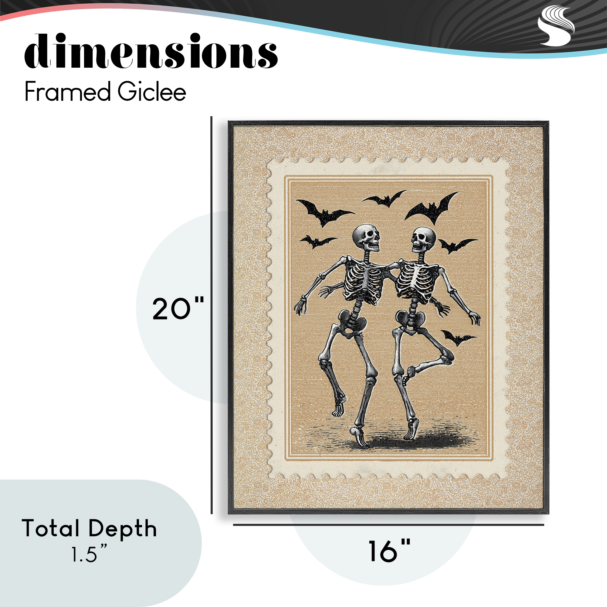 Vintage Dancing Skeletons Stamp Black Framed Giclee Art, design by Arlington Prints