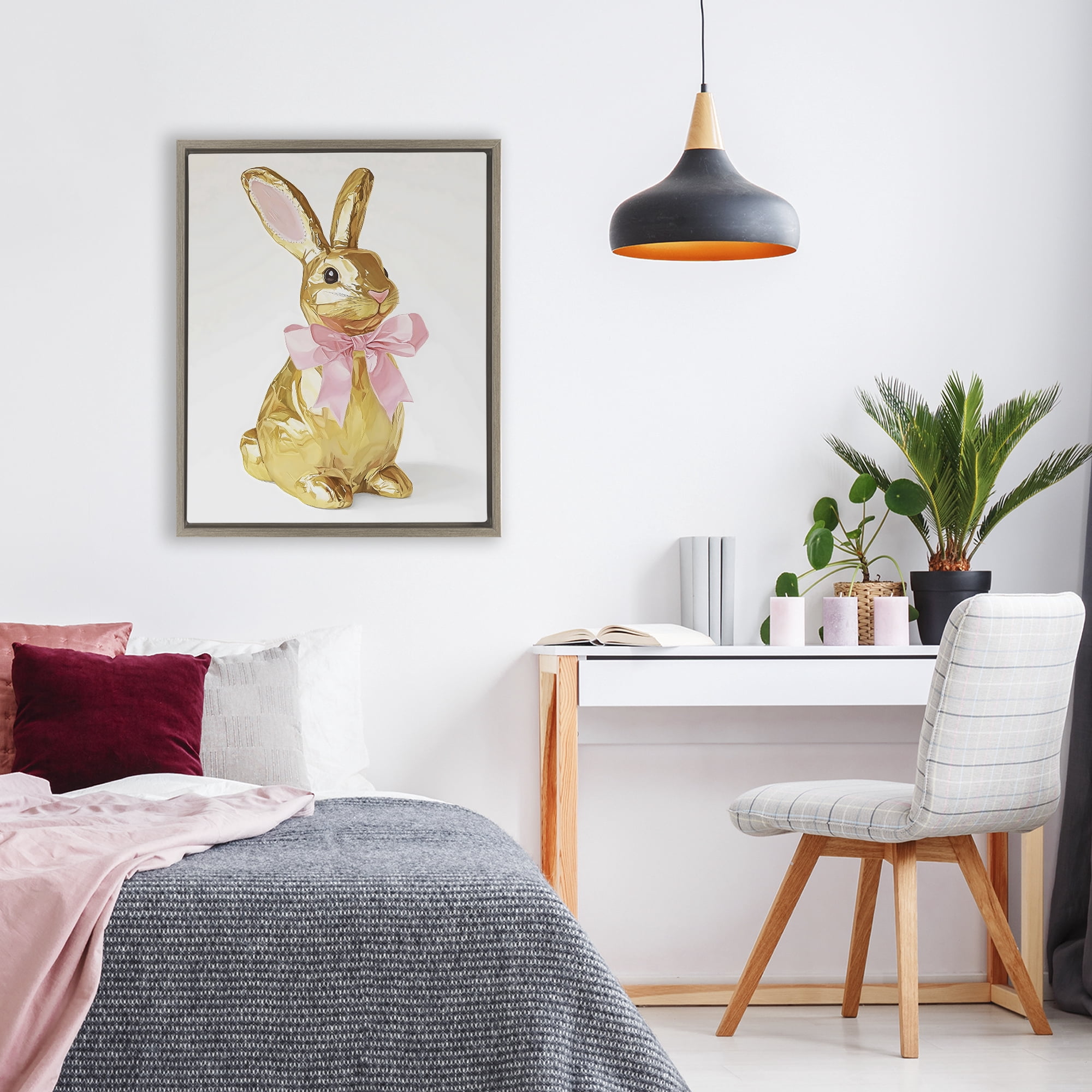 Stupell Industries Golden Easter Bunny with Ribbon Brown Framed Floater Canvas Wall Art, design by The Prints Vibe