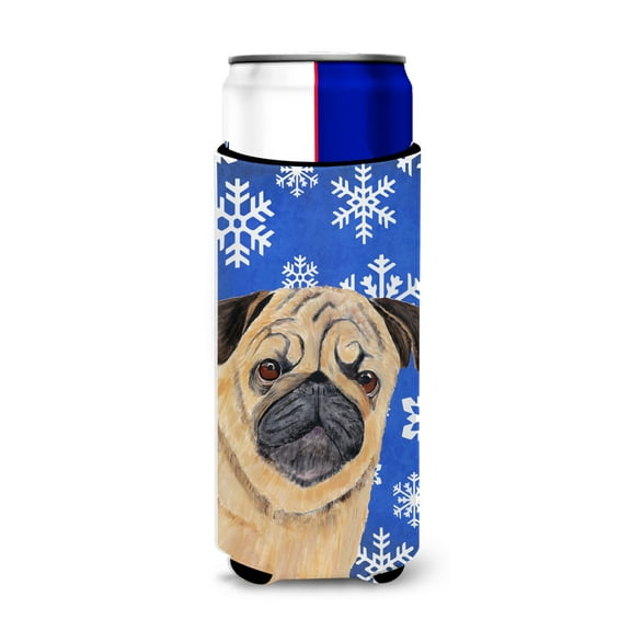 Pug Winter Snowflakes Holiday Ultra Hugger for slim cans