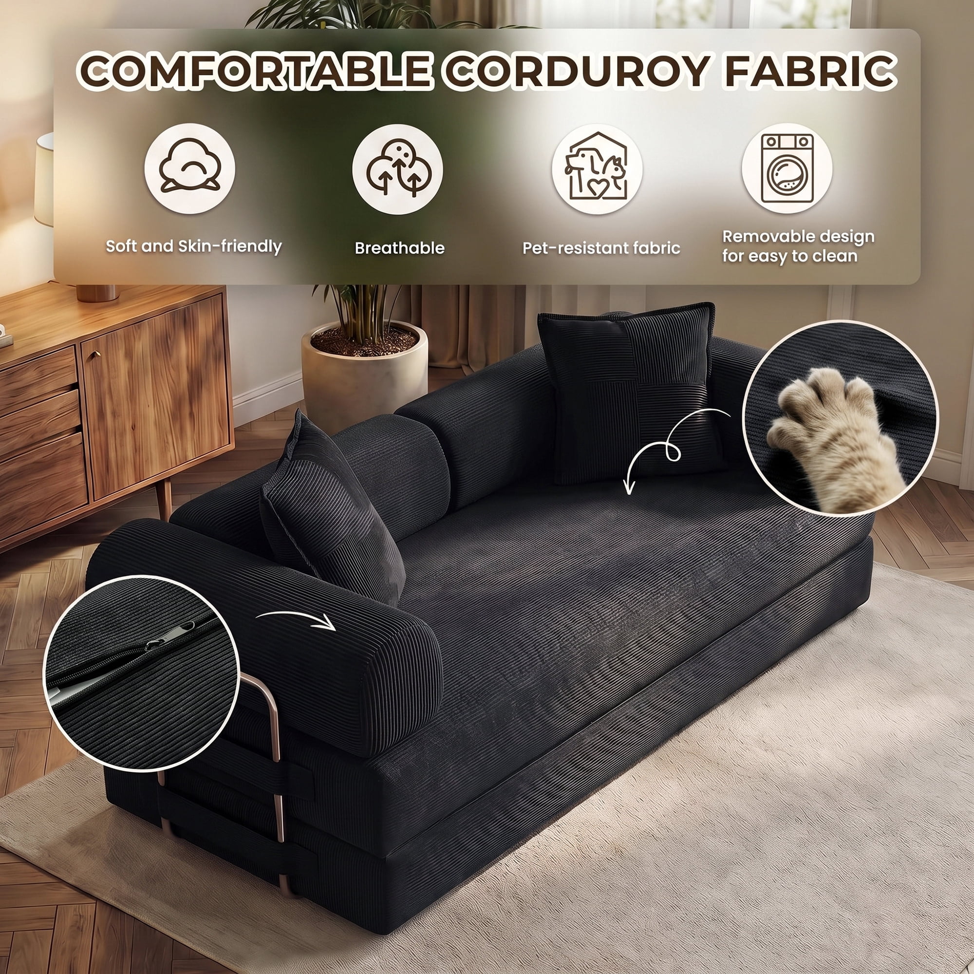 Aukfa 79" Convertible Futon Sofa Bed with Fixed Frame, 5-in-1 Boneless Couch for Living Room, Corduroy, Black