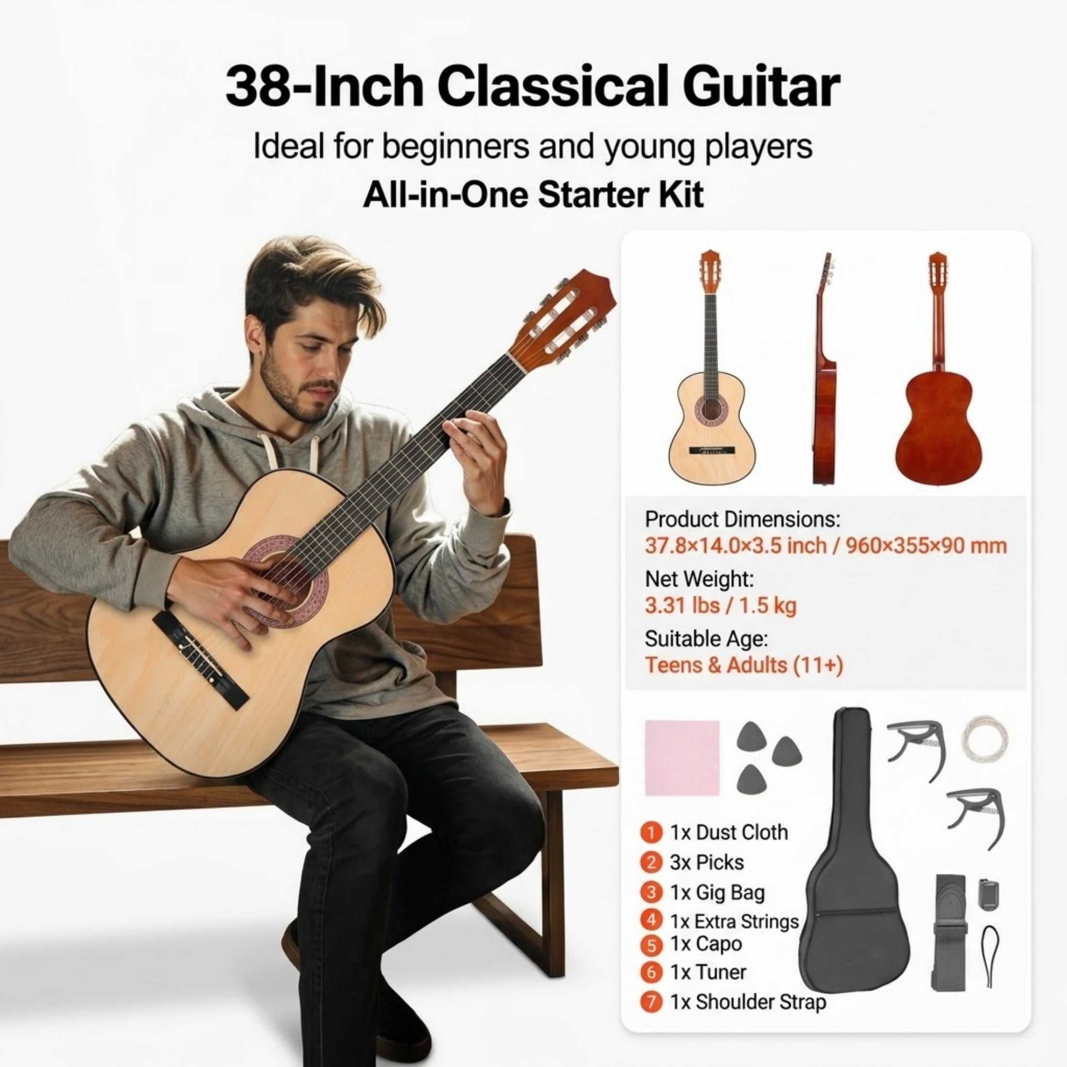 38-Inch Classical Guitar Beginner Starter Kit, Basswood Wood Guitar with Nylon Strings, Gig Bag & Tuner, Natural
