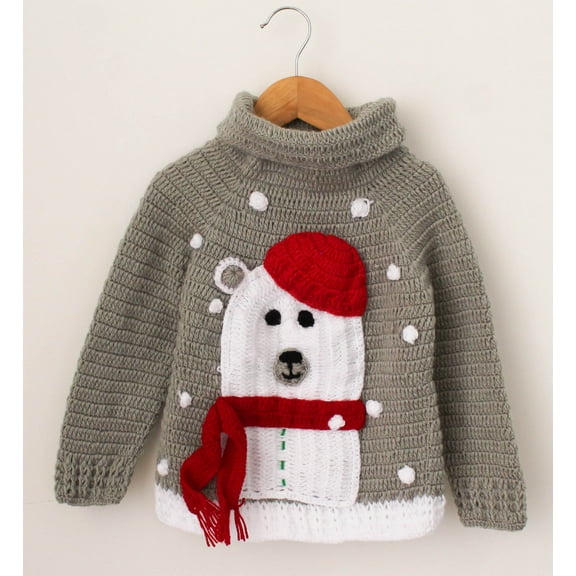 Woonie Handmade Full Sleeves Polar Bear Applique Pullover -Grey