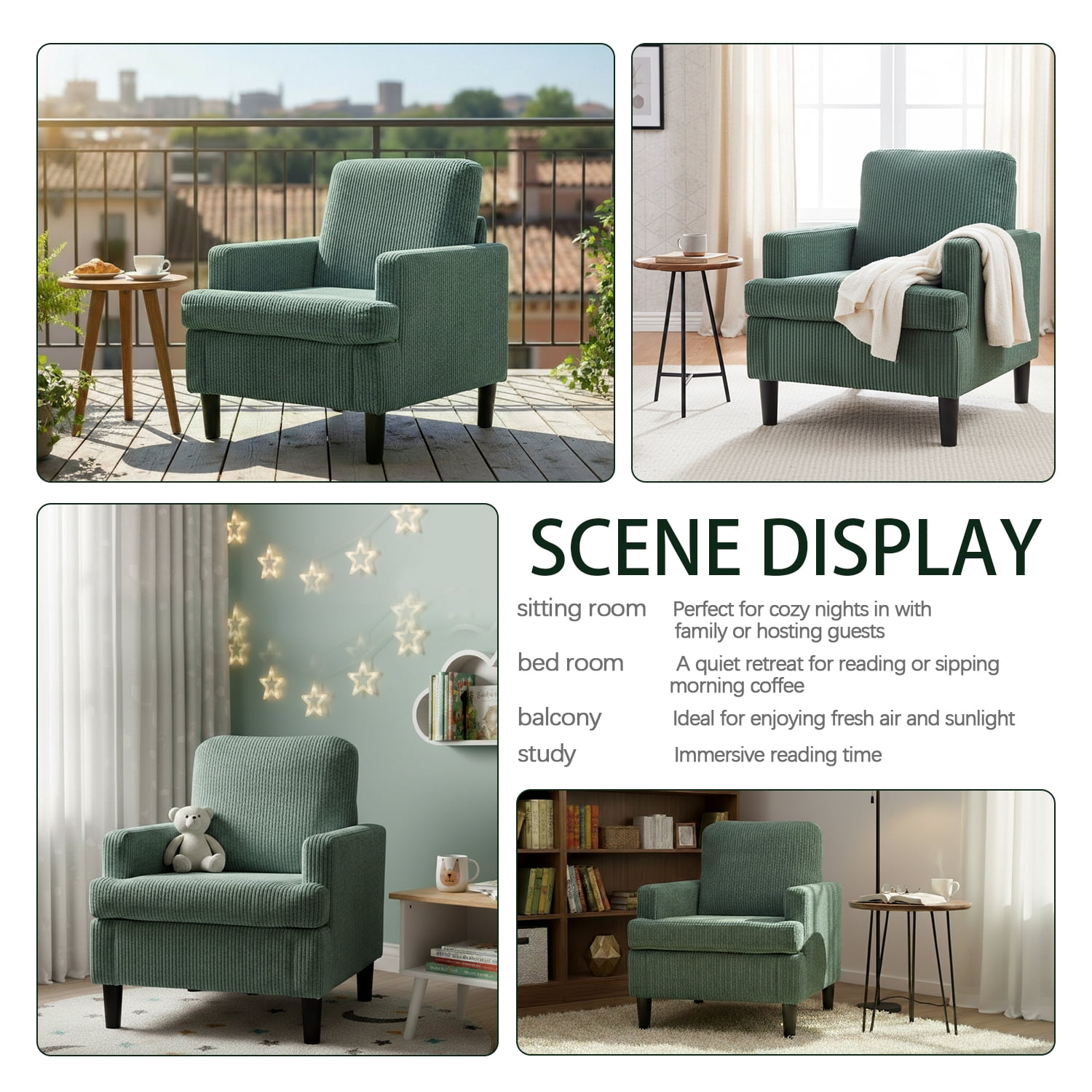 Modern Accent Chair Cozy Living Room Chairs Mid Century Modern Accent Chairs Reading Chair with Armrests for Living Room, Bedroom and Study（Green）