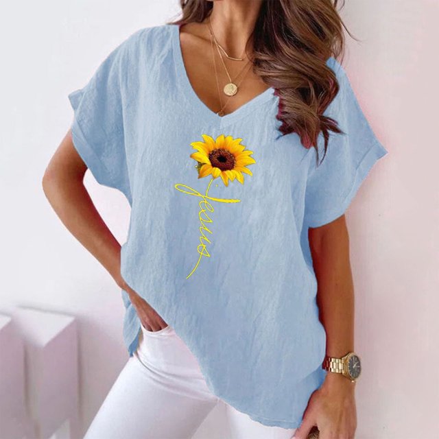 Fiudx Ofertas Relámpago Camiseta de Manga Corta con Mangas Informales de Algodón y Cáñamo con Cuello En V y Estampado de Girasoles para Mujer