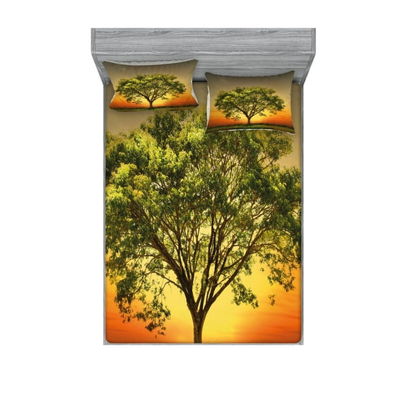 Ambesonne Landscape Fitted Sheet & Pillow Sham Set, Sunset Scenery Valley, Full, Fern Green Marigold