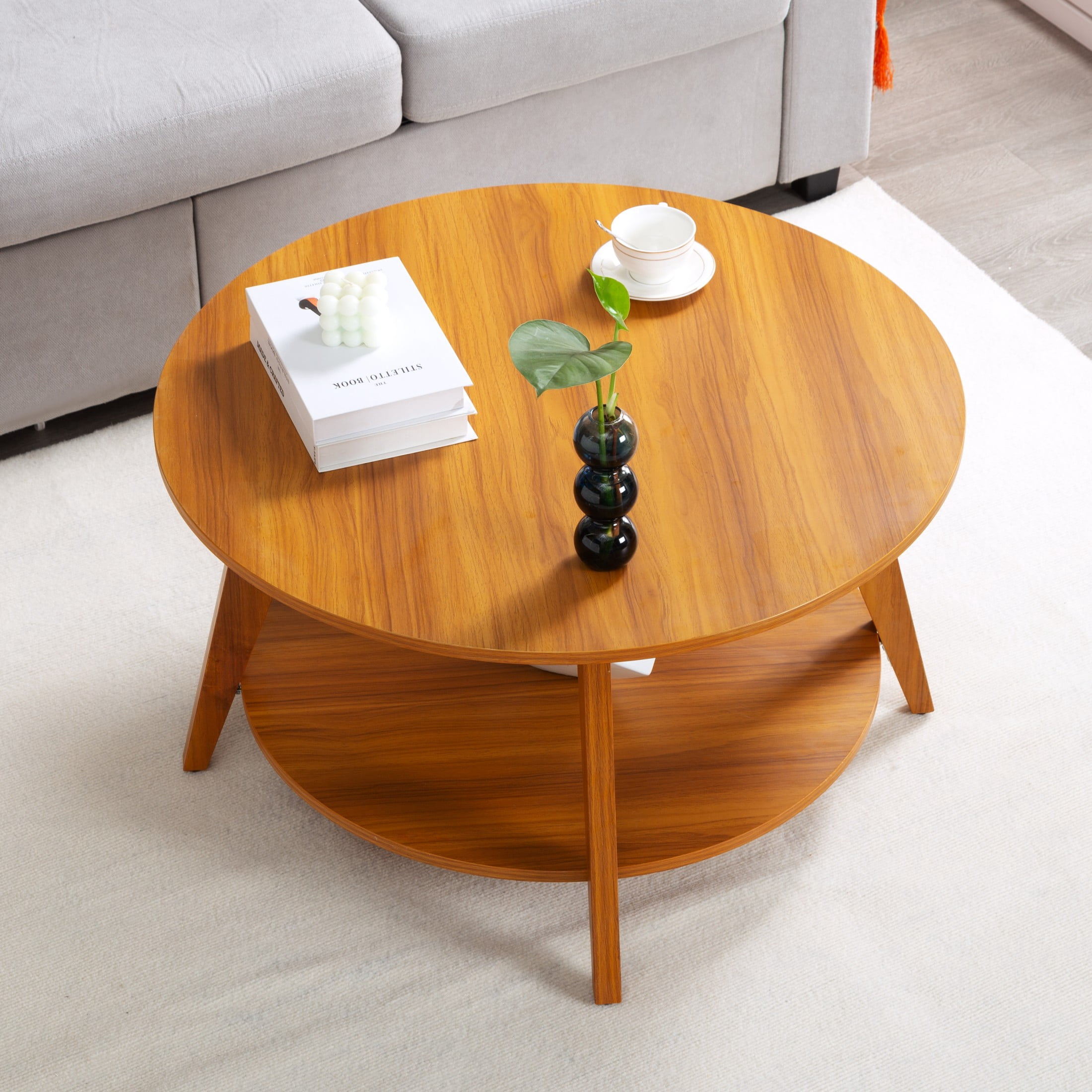 31.5” Round Modern Side Table with 2-Tier Storage, Walnut MDF, Non-Slip Feet for Living Room, Bedroom, Office (Natural)