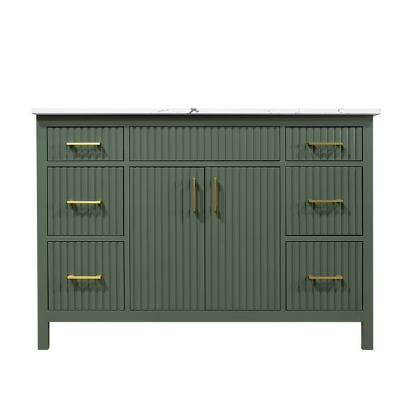 Amalia 48-inch fluted design vanity in a rich wood finish, complemented by a quartz countertop