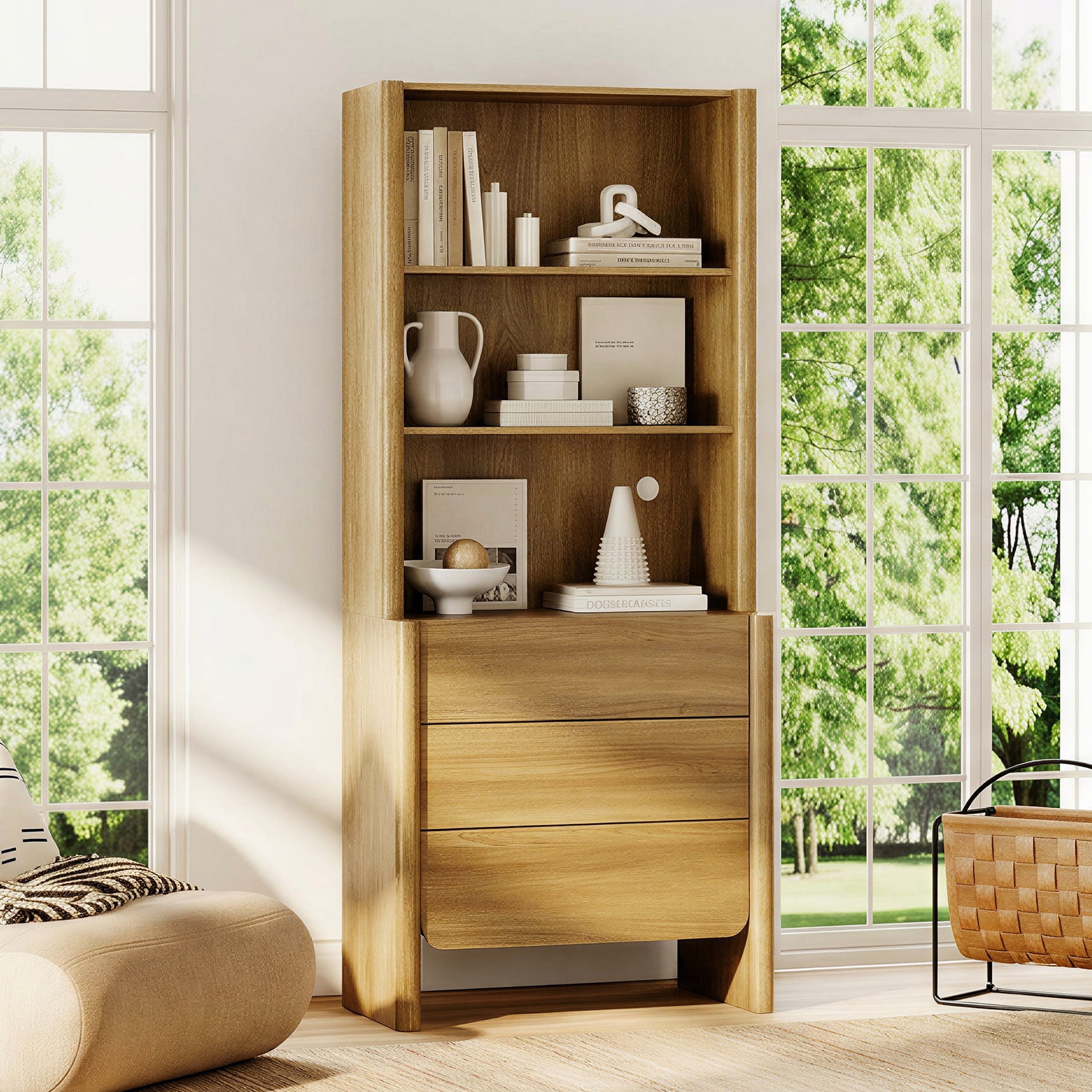 31.5-Inch Modern French Bookcase with Curved Edges, 3 Drawers and Open Shelves, 72.8" Tall, Walnut