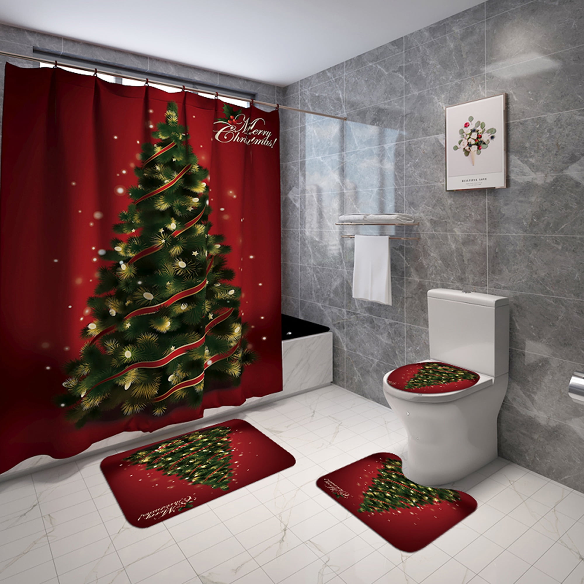 LA HIEBLA 4 Pieces Merry Christmas Bathroom Mat Set, Waterproof Shower Curtain+ Rug+ Toilet Lid