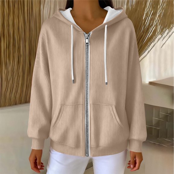 QUNYINEY Hoodies for Women Plus Size Long Sleeve Beige Cotton Zip Up Hoodies Sweatshirt with Pocket Loose Fit Drawstring Women Tops